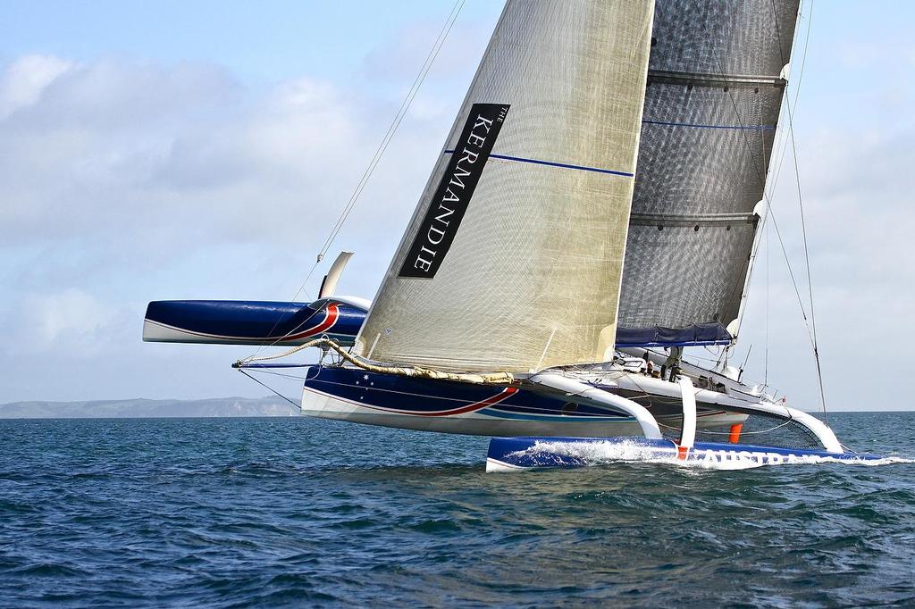 Team Australia (Sean Langman) arrives in Auckland after setting a new Trans-Tasman crossing record of 2days and 17 hours. The ORMA60 trimaran sailed from Sydney to Auckland. Team Australia will line up for the 2013 Coastal Classic  © Richard Gladwell www.photosport.co.nz